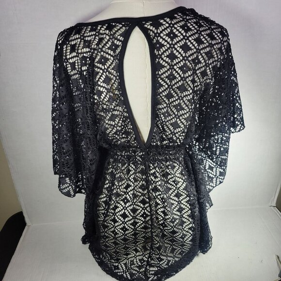 Miken Black Lace Crochet Swimsuit Cover-Up With V-Neck & Open Back Size XS - Picture 5 of 8